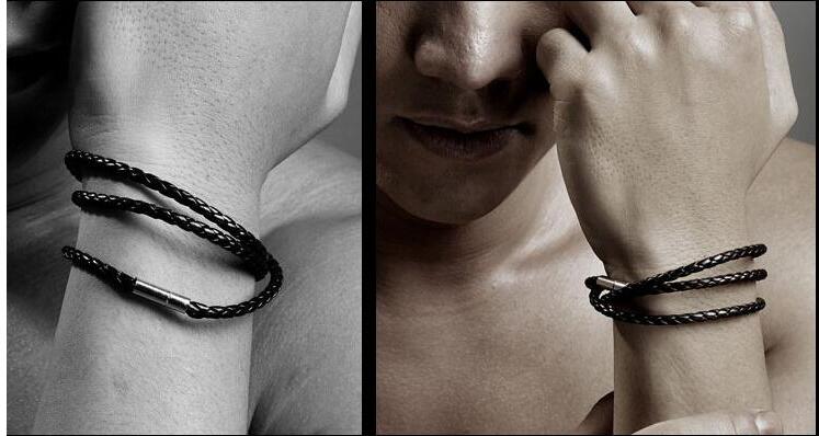 2014 New Fashion Leather Bracelets & Bangles Handmade Knitted Round Rope Turn Buckle Bracelet For Women Men Wholesale Black Long SL018