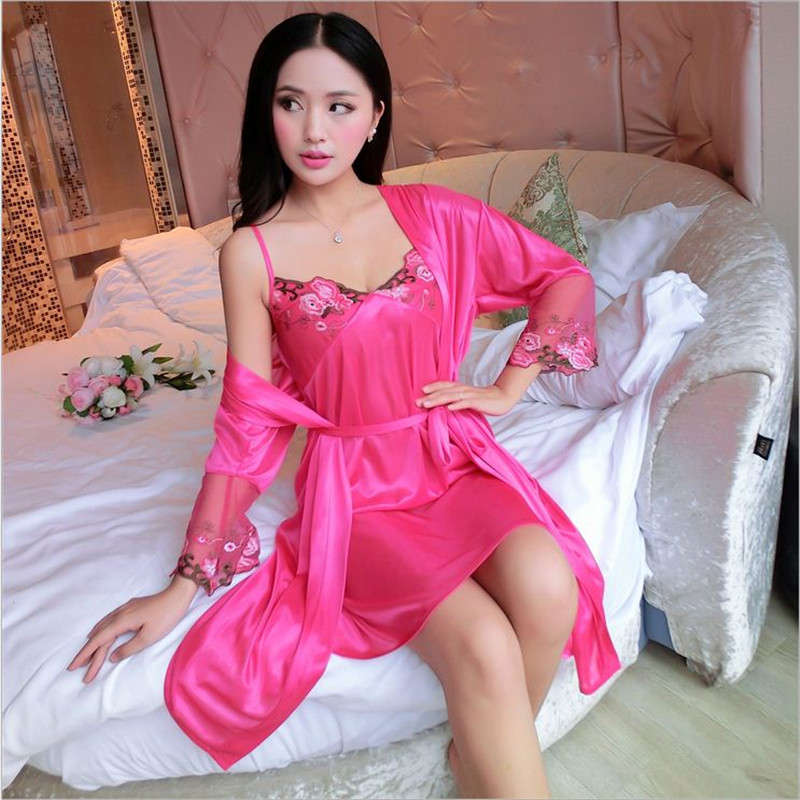 Wholesale- Latest Sexy perspective women Robe Sets nightwear indoor silk lace Half sleeve sleepwear(bathrobe + straps nightgown) two pieces