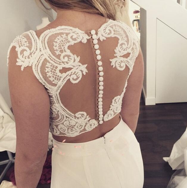 2017 Sexy Bohemian Lace Top Chiffon Skirt Two Pieces Mermaid Wedding Dresses With Short Sleeve Side Split Beach Bridal Gowns EN112113