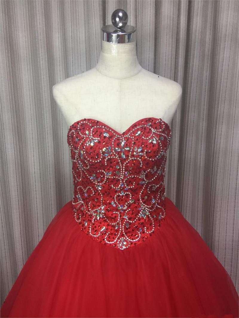 2017 Sexy Red Crystal Ball Gown Quinceanera Dresses with Beading Sequin Tulle Lace Up Sweet 16 Dresses Vestido Debutante Gowns BQ07