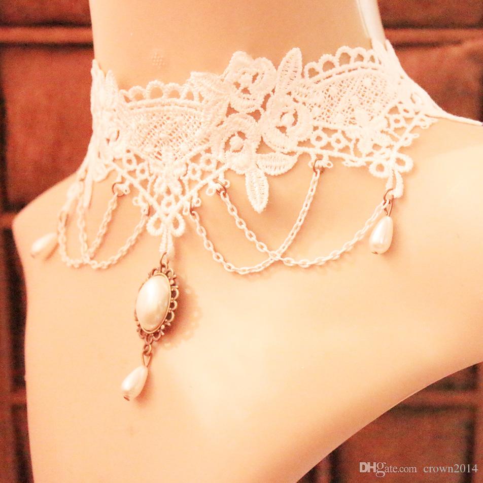 Vintage Handmade White Lace Choker Necklace with Jewelry Short Gothic Collarbone Chokers Necklaces For Wedding
