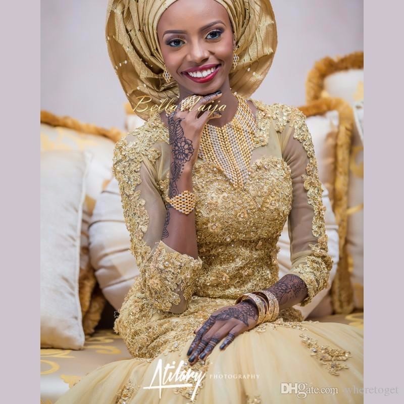 2017 Arabic Mermaid Gold Lace Wedding Dresses African Nigerian Appliques Three Quarter Sleeves Bridal Gowns With Tulle Wrap