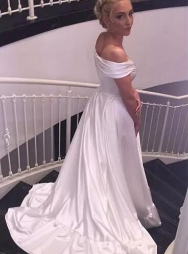 Simple 2017 Off The Shoulder Beach Wedding Dresses Cheap Elastic Silk Like Satin Sweep Train Bridal Gowns Custom Made China EN8118