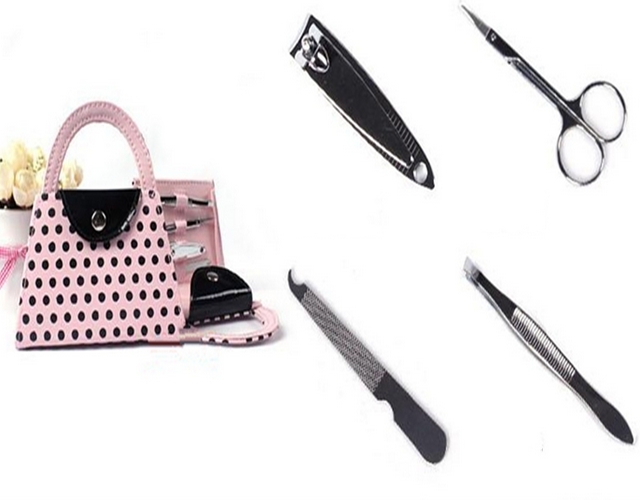 50sets/lot Free Shipping Bridal Shower Favors Pedicure Set Pink Polka Dot Purse Manicure Set Wedding Party Gift Favors