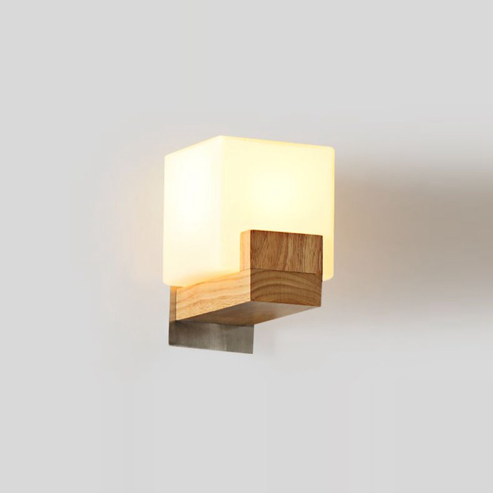 Japanese Contracted Wooden Corridor Wall Lamp Chinese Bedroom Wall Sconce White Acrylic Cube Bedsides Stair Case Wall Lighting Fixtures