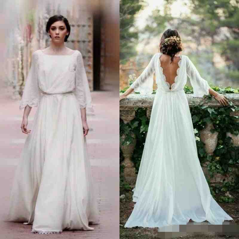 Sexy Ivory Lace 3/4 Long Sleeve Backless Bohemian Wedding Dresses 2019 Summer Court Train Ruched Chiffon Plus Size Beach Bridal Gowns, Silver
Sexy Ivory Lace 3/4 Long Sleeve Backless Bohemian Wedding Dresses 2019 Summer Court Train Ruched Chiffon Plus Size Beach Bridal Gowns, Silver