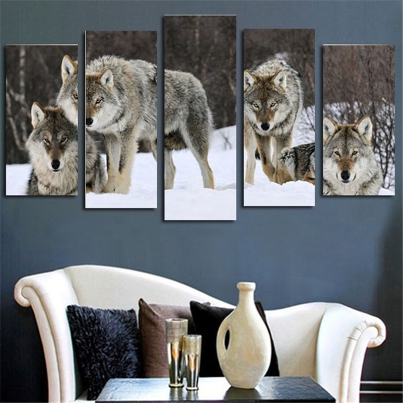 5Panel Modern Animal Four wolves Oil Painting on Canvas for Living Room Wall Art Gift Decoration Home No Frame