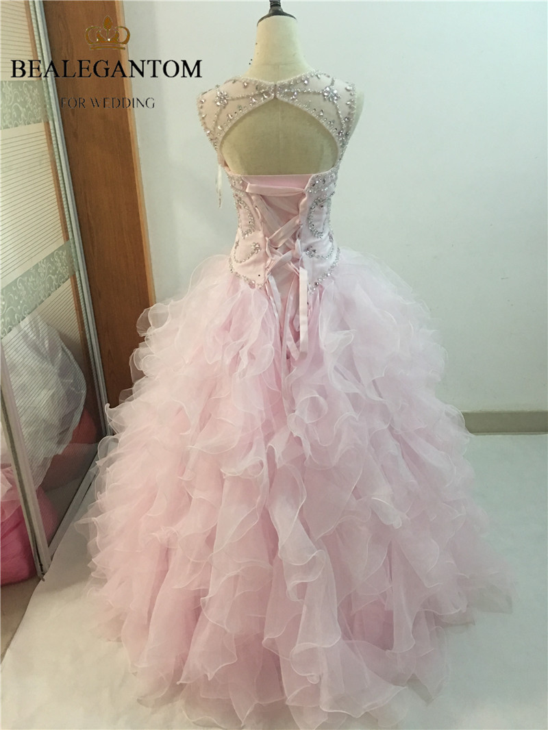 2017 Sexy Pink Backless Crystal Ball Gown Quinceanera Dresses with Sequined Beading Plus Size Sweet 16 Dresses Vestido Debutante Gowns BQ35