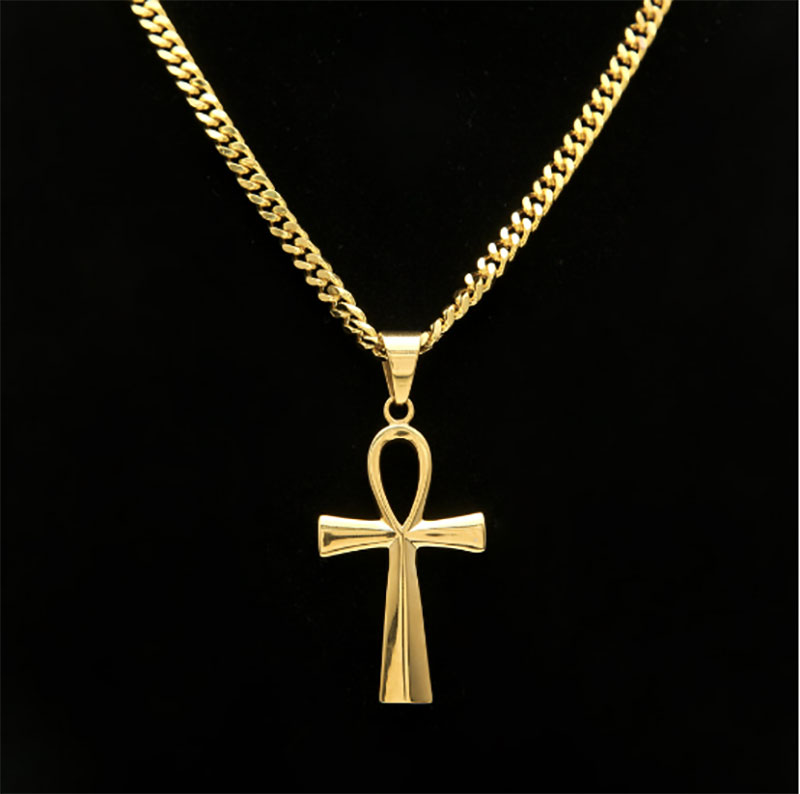 Men Women Ankh Keys Cross Statement Necklace Egyptian Jewelry Hip Hop Gold Plated Stainless Steel Pendant Chain Necklace Key to Life Egypt