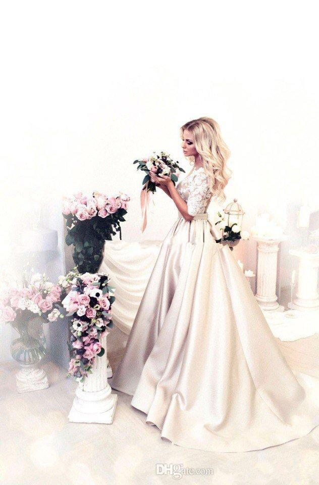 White Champagne Satin Bridal Half Long Sleeve Lace Applique Dresses Sheer Neck Illusion Wedding Gown Buttons Back 0510