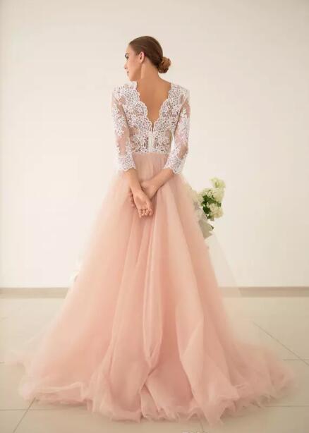 Fairy 2017 Ivory Lace Peach Tulle Country Wedding Dresses Cheap V Neck Illusion 3/4 Long Sleeves Bridal Gowns Custom Made China EN8057