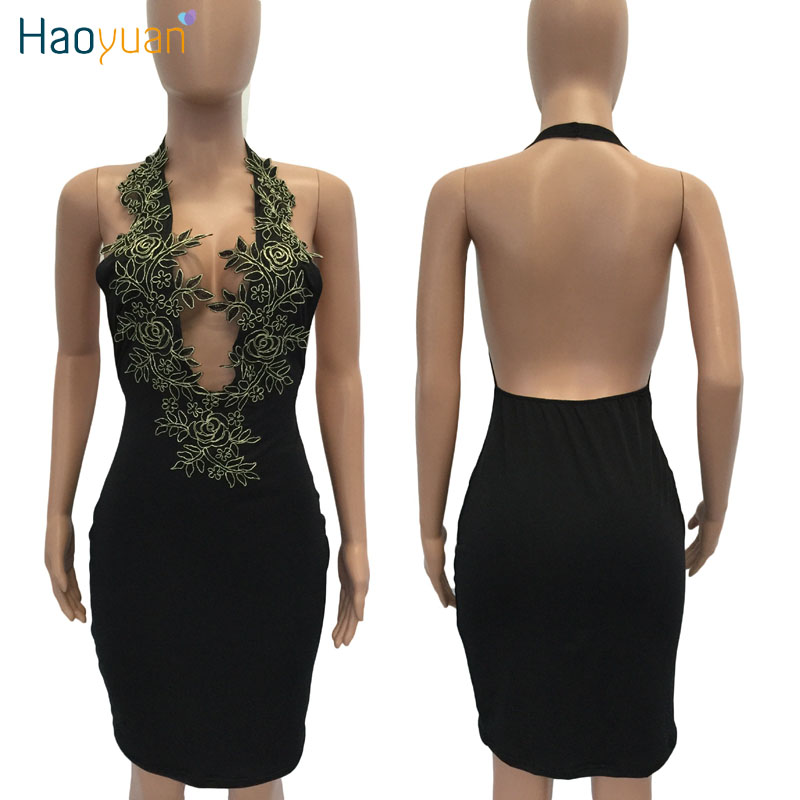HAOYUAN Halter Deep-V Sexy Party Dresses 2017 Black Embroidery Backless Off Shoulder Dress Sleeveless Women Summer Bodycon Dress q1110