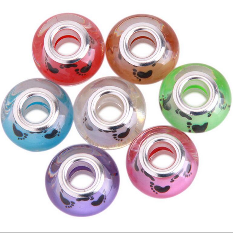 50PCSLot Mixed Fashion Baby Footprints Pattern European Resin DIY Big Hole Silver Core Charms Beads for Jewelry Making Low