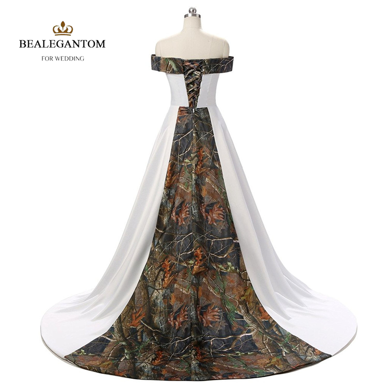 elegant strapless white and camouflage wedding dresses long satin camo wedding party bridal gowns qc135