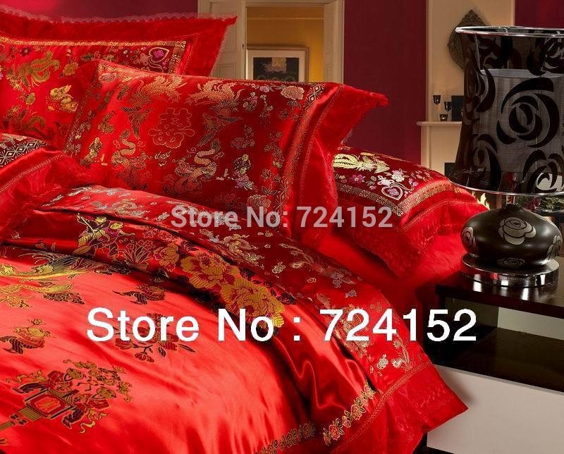 Wholesale- Red satin comforter set dragon chinese wedding bedding set print Modern suits jacquard Bedclothes queen/king size