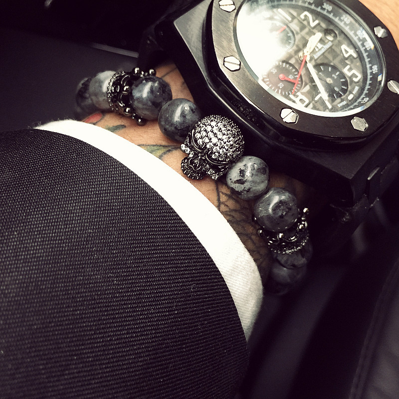 Fashion male skull bracelet grey Strands stone beads bangle gift rown & Matte Black Onyx Women Gift Valentine's Day Holiday Christmas