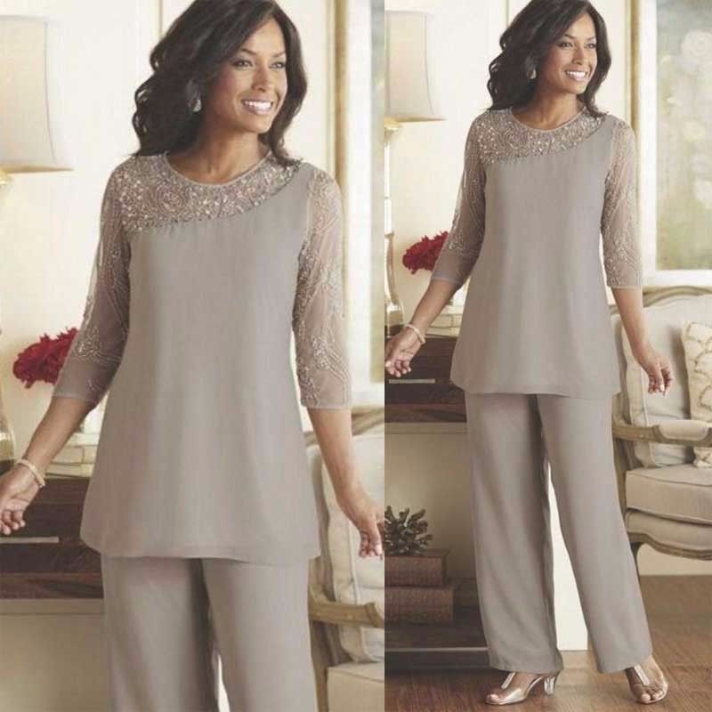 Hot Sale Beaded Mother Of The Bride Pant Suits Two Pieces Wedding Guest Dress With Sleeves Plus Size Cheap Chiffon Mothers Groom Dresses Lz0304