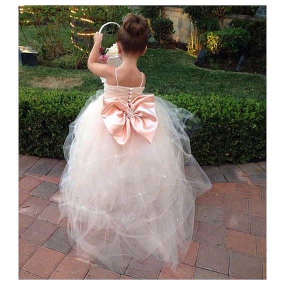 Blush Pink Flower Girls Lace Dress With Big Bow Pageant Dresses For Girls Crystal Sash Spaghetti Straps Tulle Floor Length Junior Bridesmaid