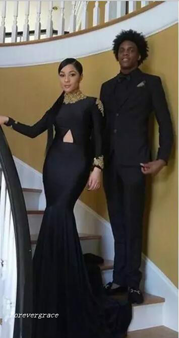 Sexy Mermaid Black Girls Prom Dress South African Long Sleeves High Neck Arabic Graduation Evening Party Gown Custom Made Plus Size