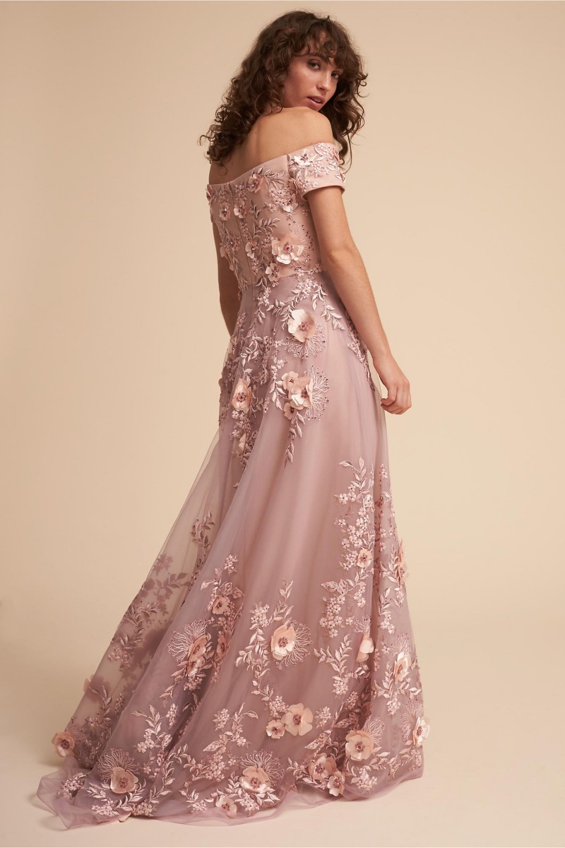 Illusion BHLDN A Line Prom Dresses Blush Pink Applique Hand Made Flower Evening Gown Bateau Neck Floor Length Custom Made Fashion Dresses