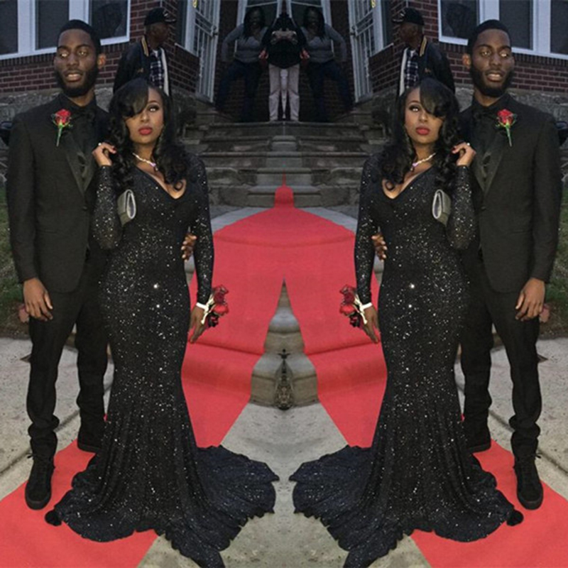Cheap Bling Mermaid Sexy Black Girl Prom Dress Plunging Neck Sequins Long Sleeve South Africa Evening Party Gown Custom Made Plus Size