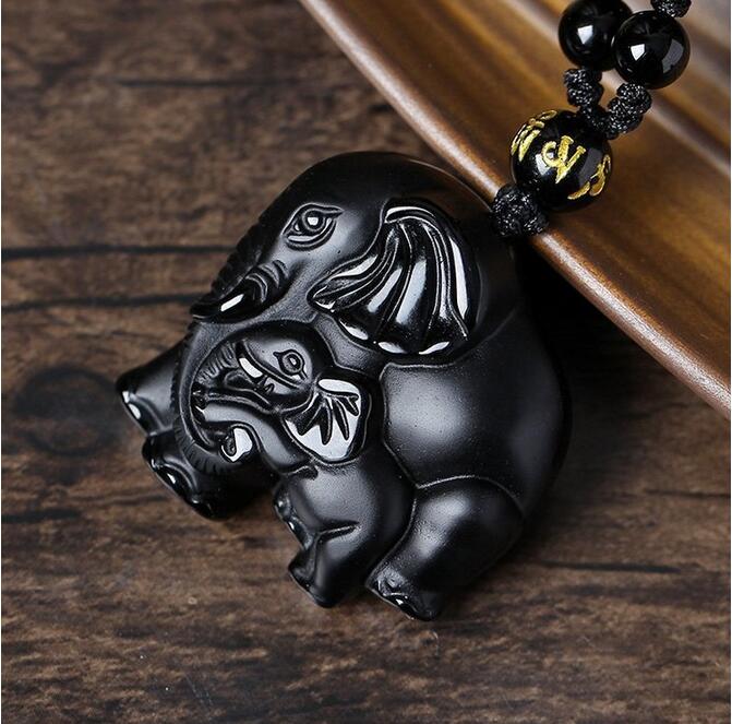 Black Obsidian Mother-Baby Elephant Pendant Necklace - Handcrafted Natural Stone Jewelry Charm for Women