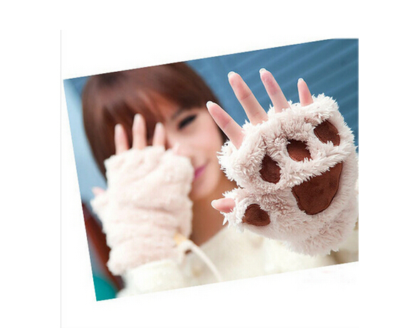 Woman Winter Fluffy Bear/Cat Plush Paw/Claw Glove-Novelty soft toweling lady's half covered gloves mittens christmas gift G390