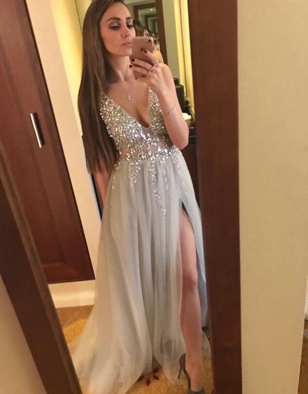 Cheap Sexy Long Deep V neck Prom Dress Front Split Sparkly Bodice Sleevless Evening Party Gown Custom Made Plus Size