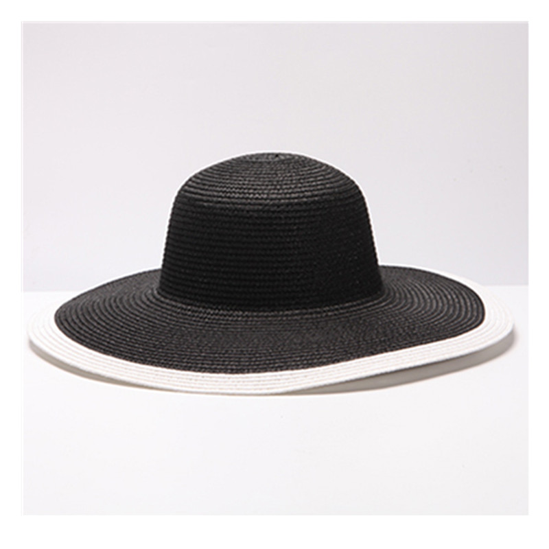 Womens Fashion Straw Sunhat Black & White Folding Floppy Derby Hat Wide Large Brim Travel Beach Cap