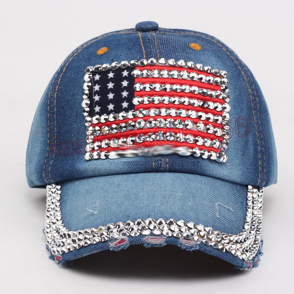 Women baseball caps Summer 4th of July American Flag Hat Cowboy Fashion Rhinestone denim Cap 6 Panels Snapback Leisure Sun Hat