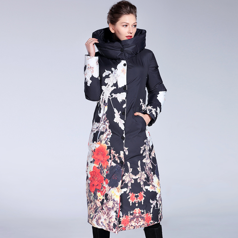 Wholesale- 2017 International brand Flower printing women winter jacket Long slim women Parka Coat White high collar warm Down jackets