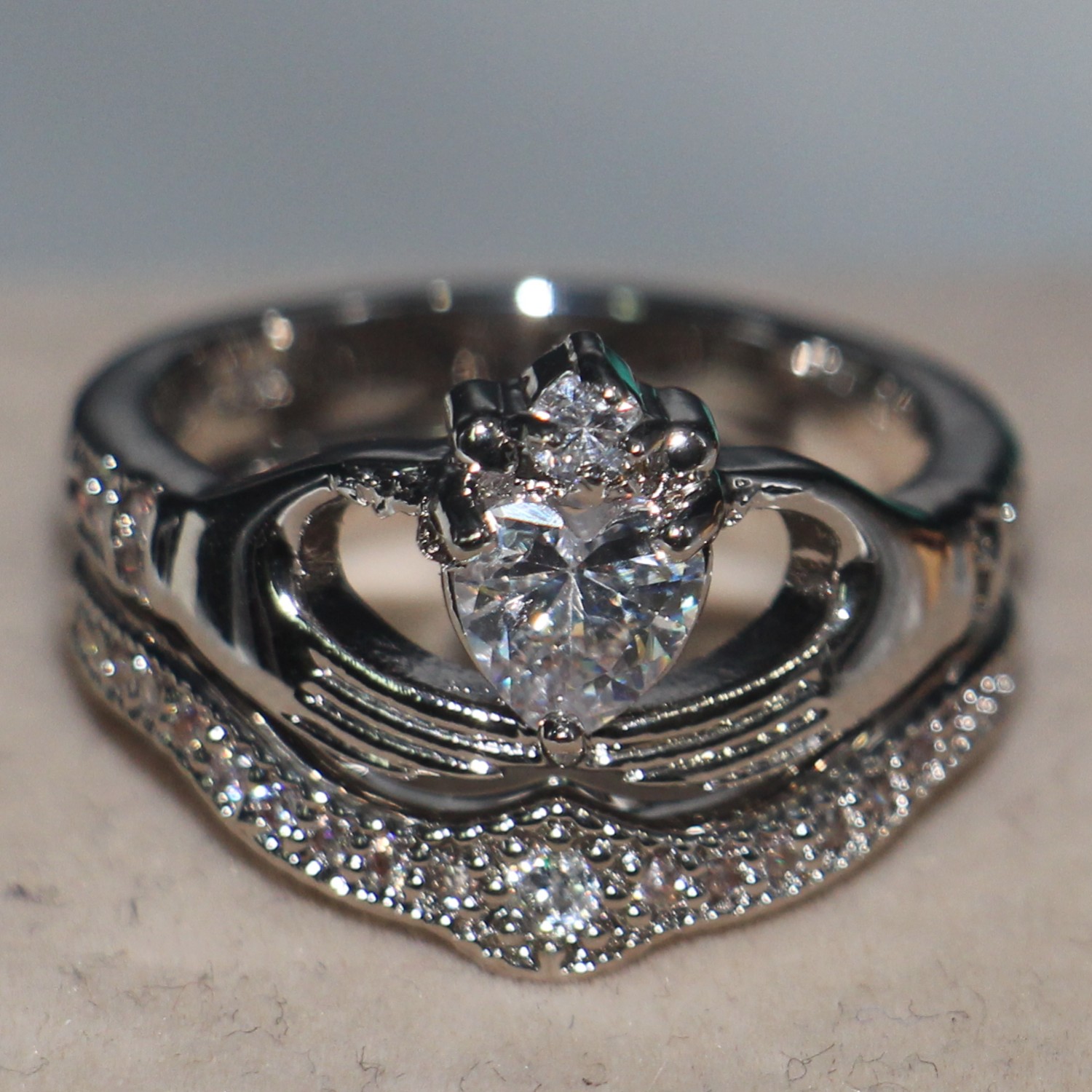 Size 5-11 Wholesale Big Promotion Claddagh Fashion Jewerly 10KT White Gold Filled Topaz CZ Diamond Gemstones Wedding Women Bridal Ring Set