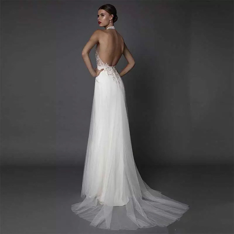 Tulle Halter Backless Beach Wedding Dresses Sexy Berta 2018 Cheap Wedding Gowns Lace Applique Bohemian Bridal Dress Robe De Mariee