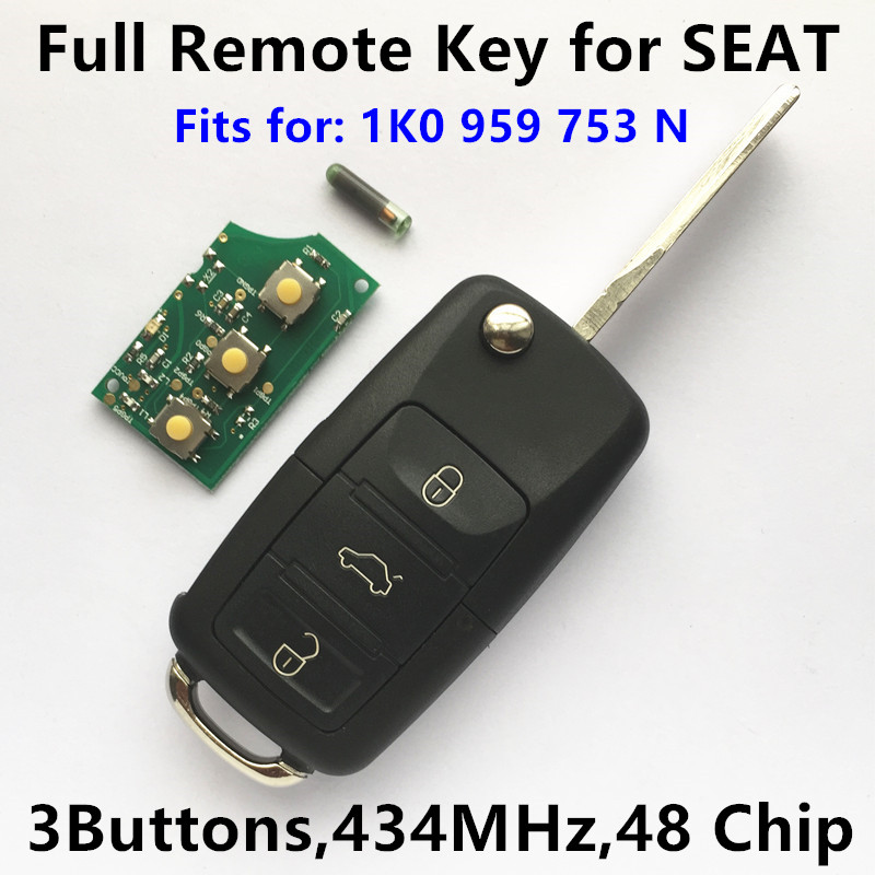 Seat Altea Ibiza Leon Toledo Car Auto Key 434MHz ID48 Chip 1K0959753N 753N
