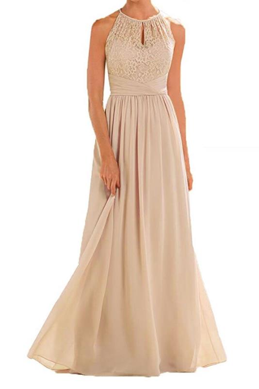 2022 Blush Pink Bridesmaid Dresses Long Country Style Halter Neck Lace Chiffon Full Length A-line Formal Wedding Guest Party Dress