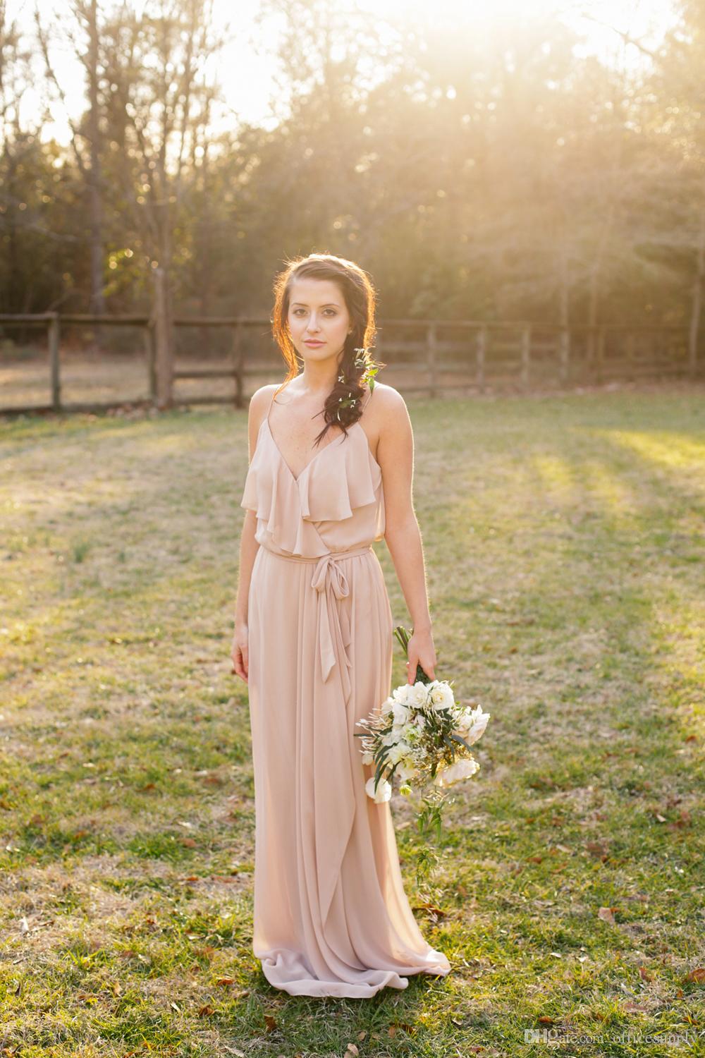 Cheap Country Style Pretty Blush Bridesmaid Dress Mixed Style Blow Chiffon Boho Long Bridesmaid Dresses Beach Wedding Party Gowns