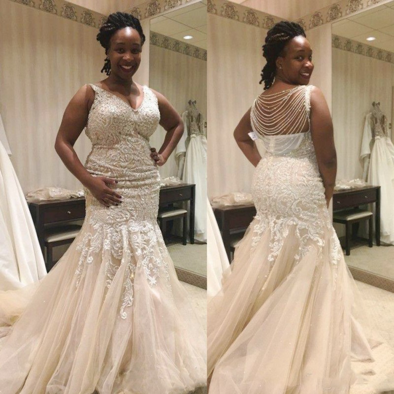Ivory Mermaid Wedding Dresses African Lace Appliques Plus Size Bridal Gowns v Beck Beading Chains On Back Tulle Sweep Train Wedding Dress, Black
Ivory Mermaid Wedding Dresses African Lace Appliques Plus Size Bridal Gowns v Beck Beading Chains On Back Tulle Sweep Train Wedding Dress, Black