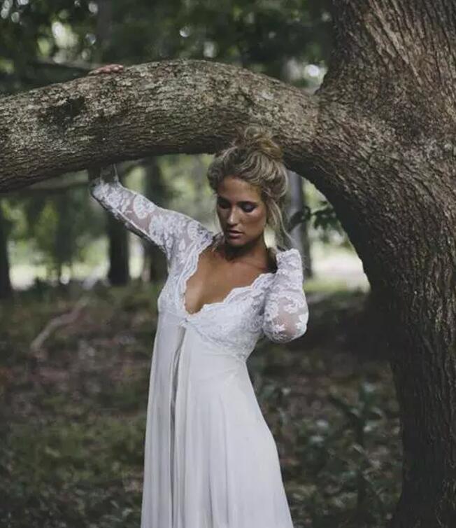 2017 Simple Maternity Pregnant Wedding Dresses Cheap V Neck Long Sleeve Illusion Back Chiffon Country Bohemian Bridal Gowns EN10101