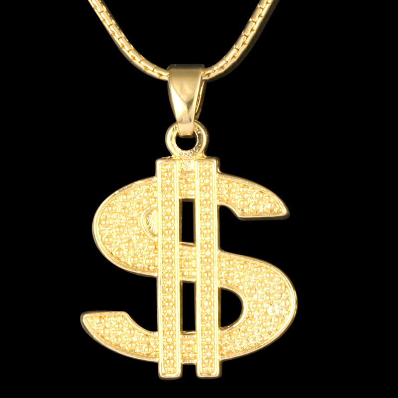 Gold Color $ Money Symbol Pendant Hip Hop Bling Crystal Dollar Sign 76cm Gold Link Chain Pendant Necklace Men Women Jewelry