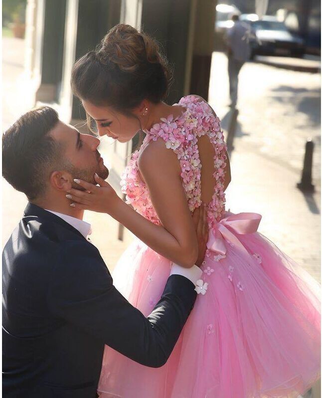 Said Mhamad 3D Floral Applique Homecoming Dresses 2016 Latest Baby Pink Tulle Puffy Short Cocktail Dress Beaded Bow Sash Gowns