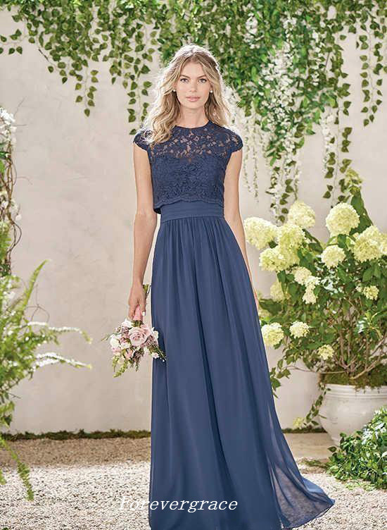 Elegant Cheap Dark Navy Long Bridesmaid Dress Two Pieces Lace Maid of Honor Dress Wedding Guest Gown Custom Made Plus Size