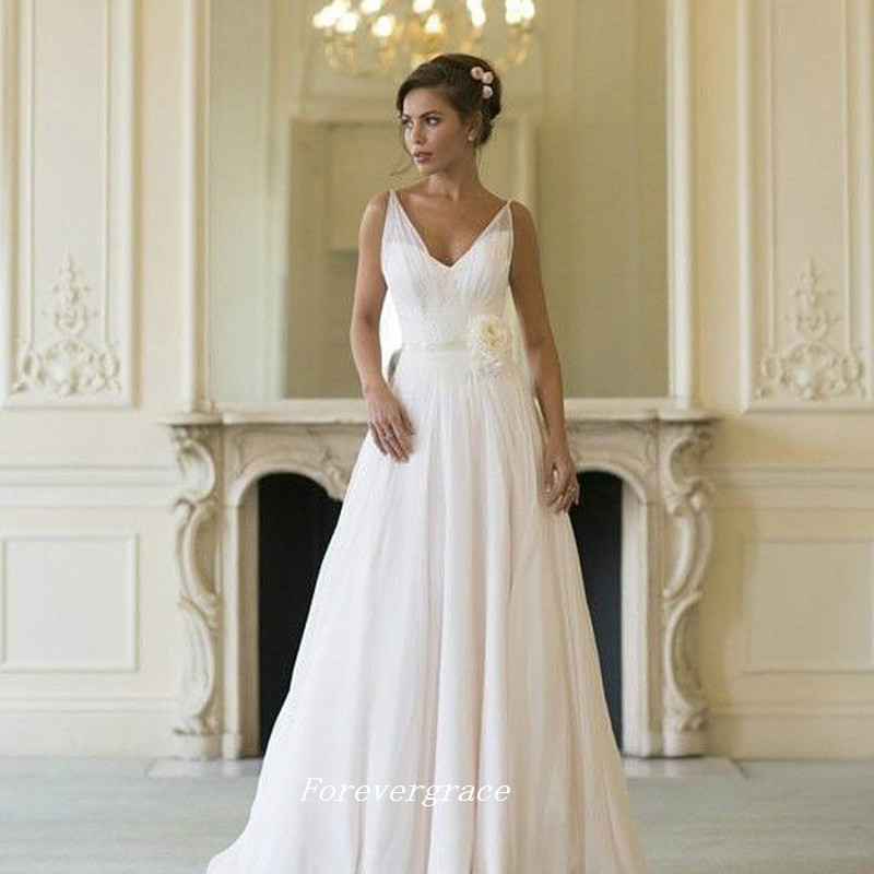 Gothic V Neck Summer Wedding Dress Simple Boho Backless Women Bridal Gown Plus Size Vestido De Noiva Longo