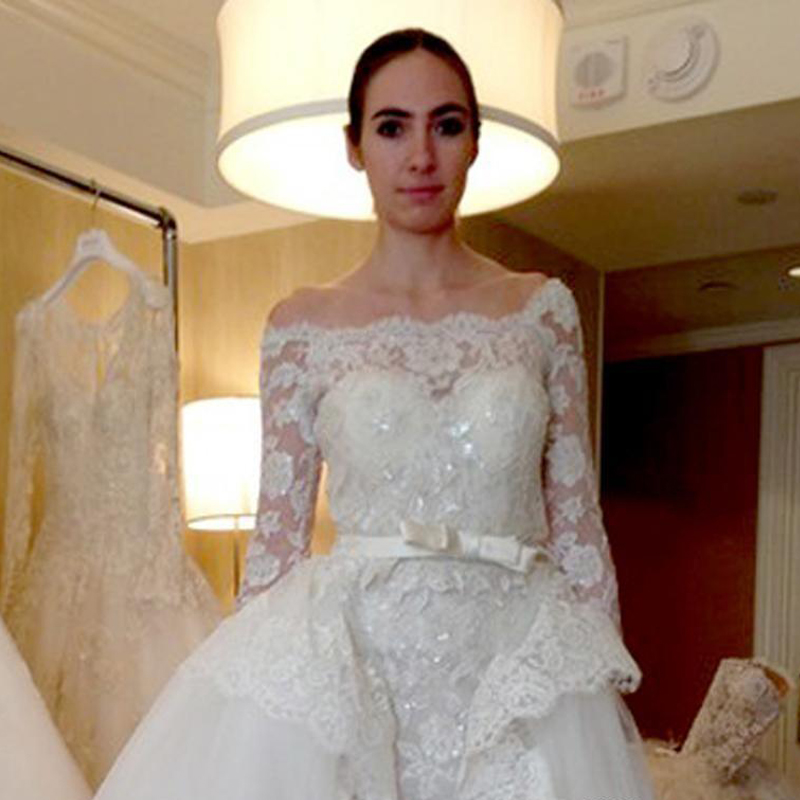 Modest 2017 Lace Off The Shoulder Long Sleeve Overskirt Wedding Dresses With Detachable Skirt Beaded Applique Bridal Gowns EN11174