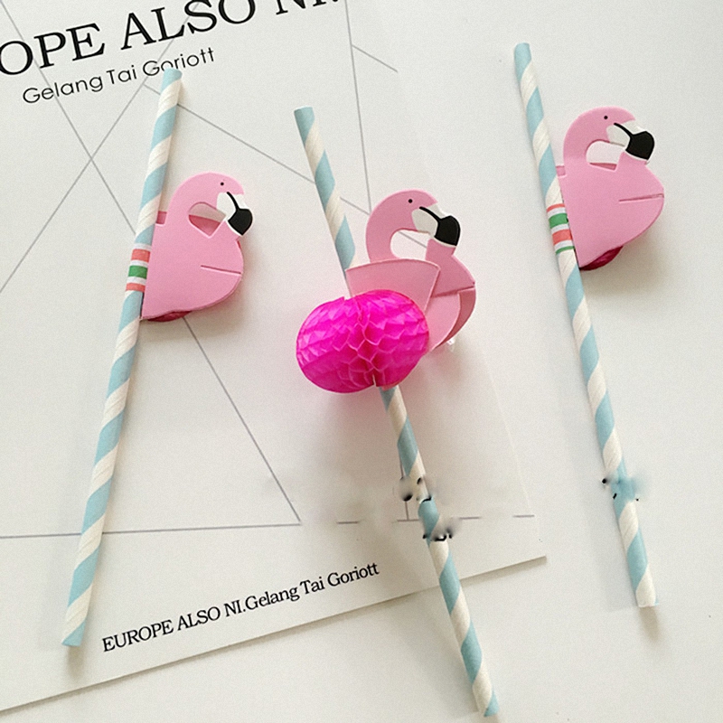 Drinking Straw 50PCS/lots Cute Cartoon Hot Pink Honeycomb flamingos Colorful Stripe Paper Bird Stick For Weddings Party Decoration