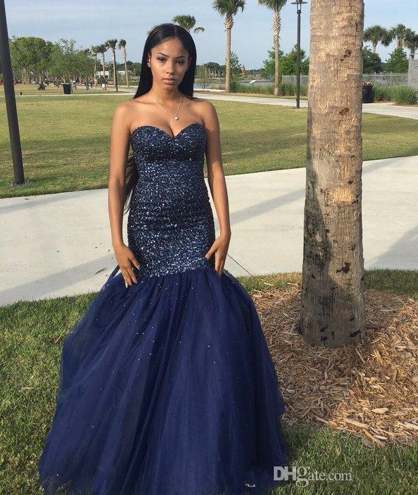 Sexy Mermaid Rhinestone Prom Dresses African Graduation Dress Organza Trumpet Dark Navy Evening Gowns Robe De Soiree Evening Dresses 0510