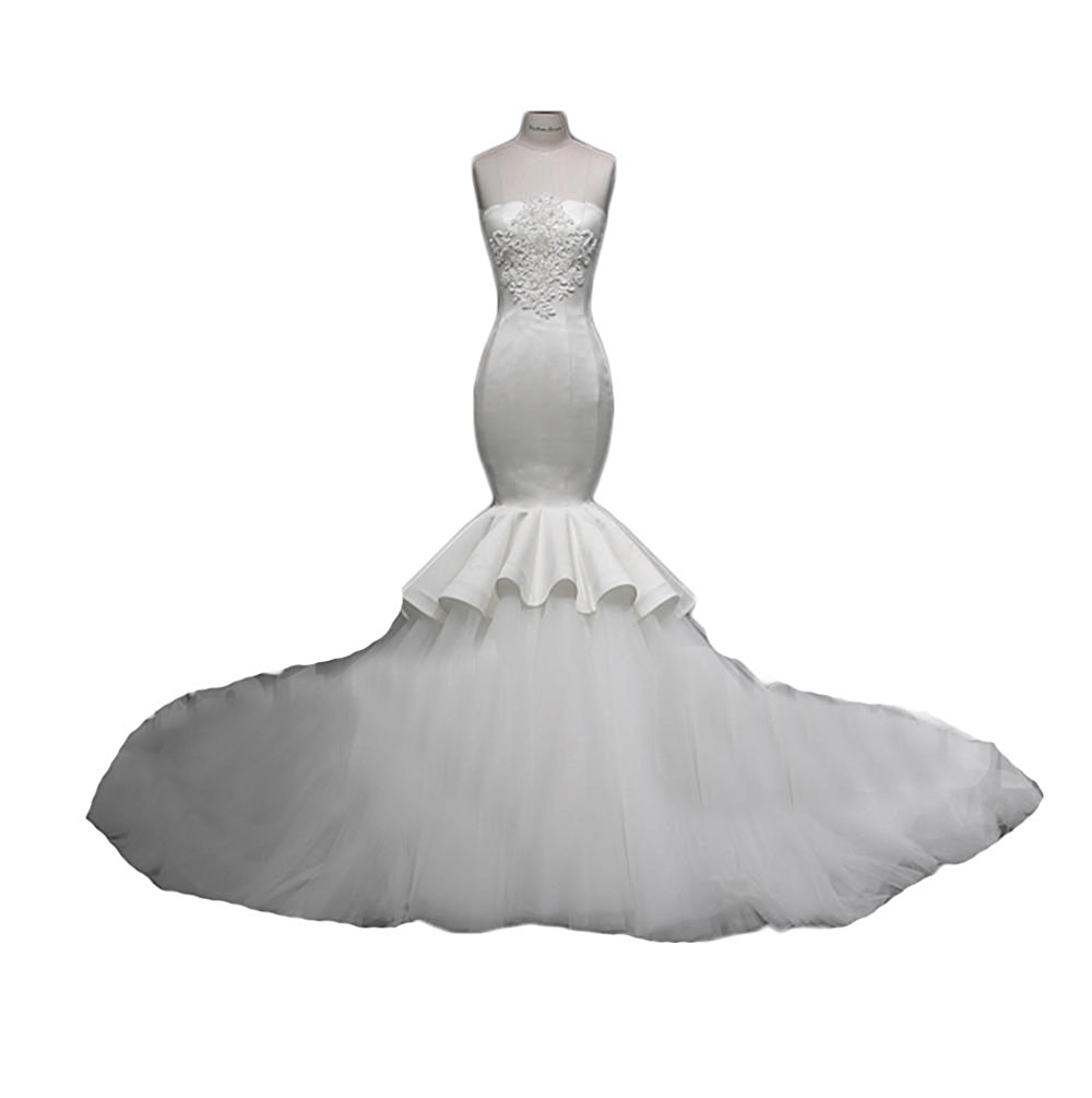 New Elegant Satin 2017 Lace Mermaid Wedding Dresses with Appliques Beaded Off the Shoulder Plus Size Bridal Gowns QC507
