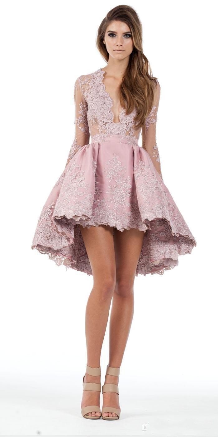2017 Pink High Low Homecoming Dresses Custom Made A Line Long Sleeves High Low Lace Applique Plunging Cocktail Party Gowns Short Mini Dress