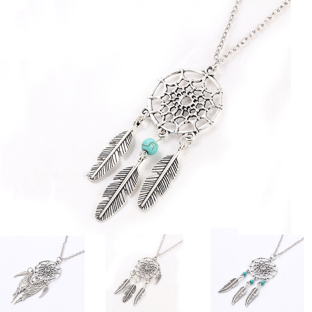 Wholesale-Ancient Silver Color Alloy Girl Chian necklaces For Women Vintage Korea Dream Catcher Leaves Pendant Necklace Jewelry collares