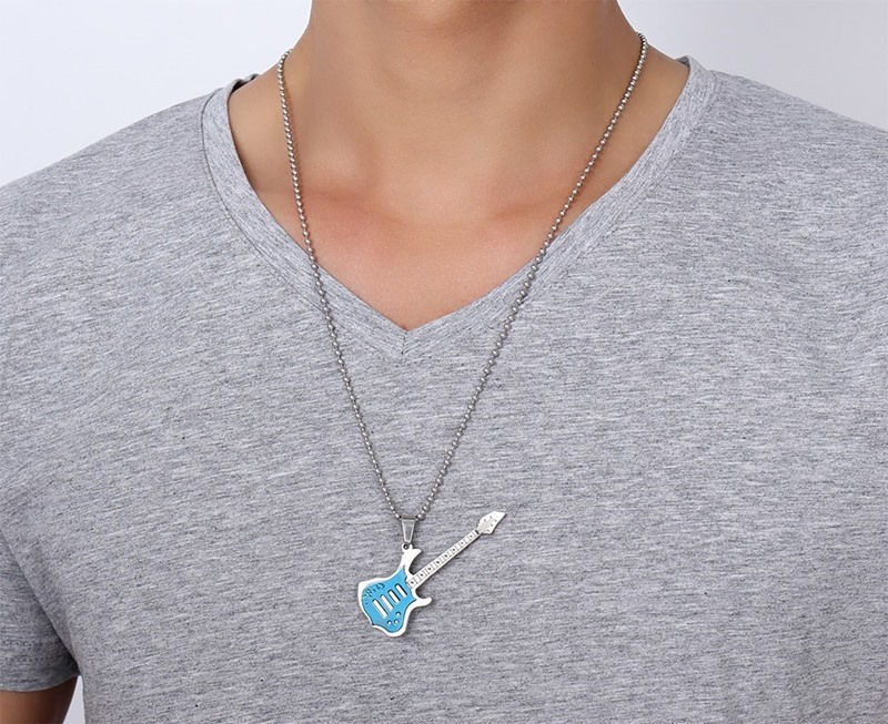 Wholesale-Fashion Guitar Necklace Pendant Music Jewelry Stainless Steel 3 Color Wholesale with 60cm Ball Chain