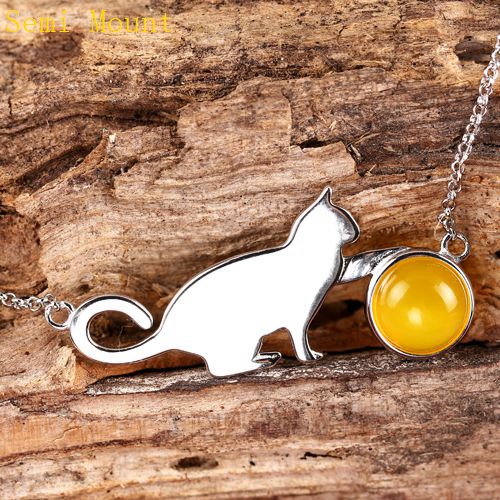 Fine Silver 925 Sterling Silver Pendant Necklace Charm Popular Fine Jewelry 9x9mm Round Cabochon Amber Agate Opal Setting